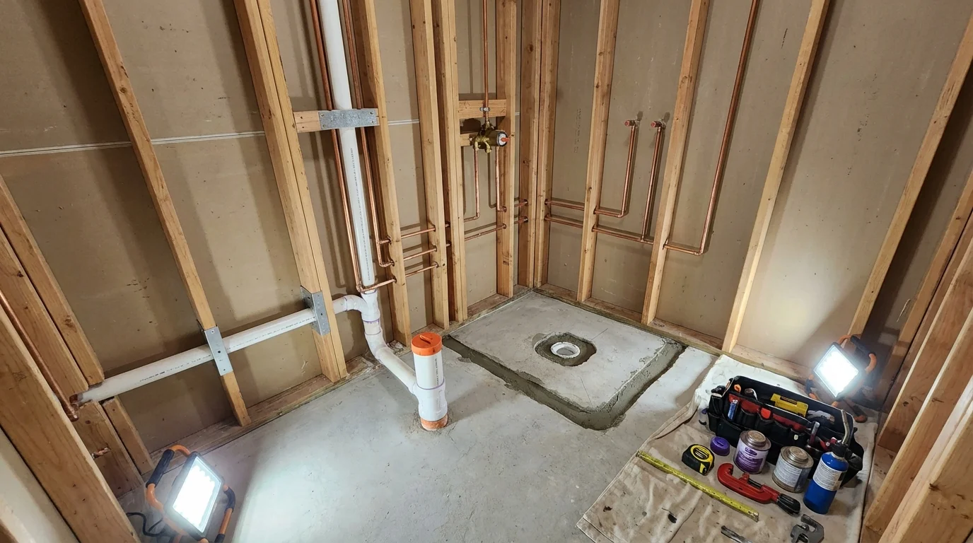 Bathroom rough-in plumbing during remodel by Johns Plumbing LLC in Broxton