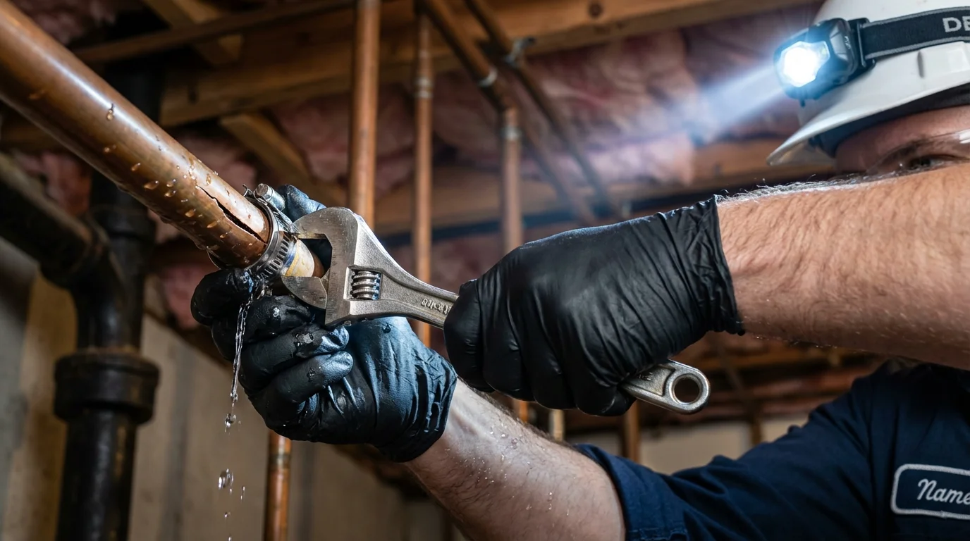 Emergency pipe clamp repair being performed by a Johns Plumbing LLC plumber in Broxton