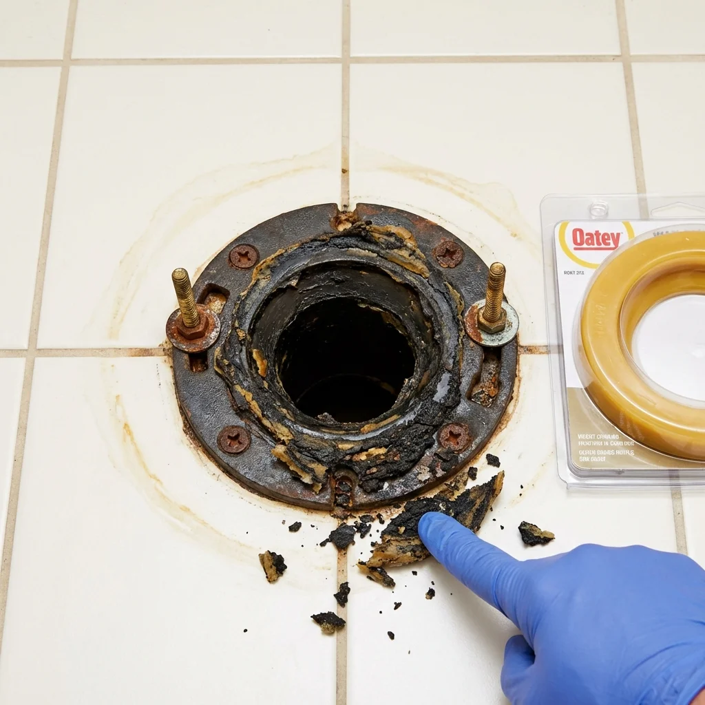 Failed wax ring showing water seepage at the base of a toilet in a Broxton, GA home